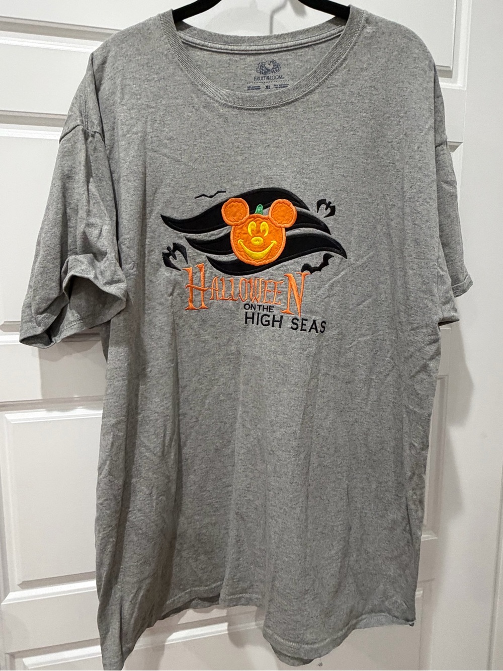 Disney Gray EMBROIDERED Short Sleeve Tee with Orange Mickey Pumpkin Graphic